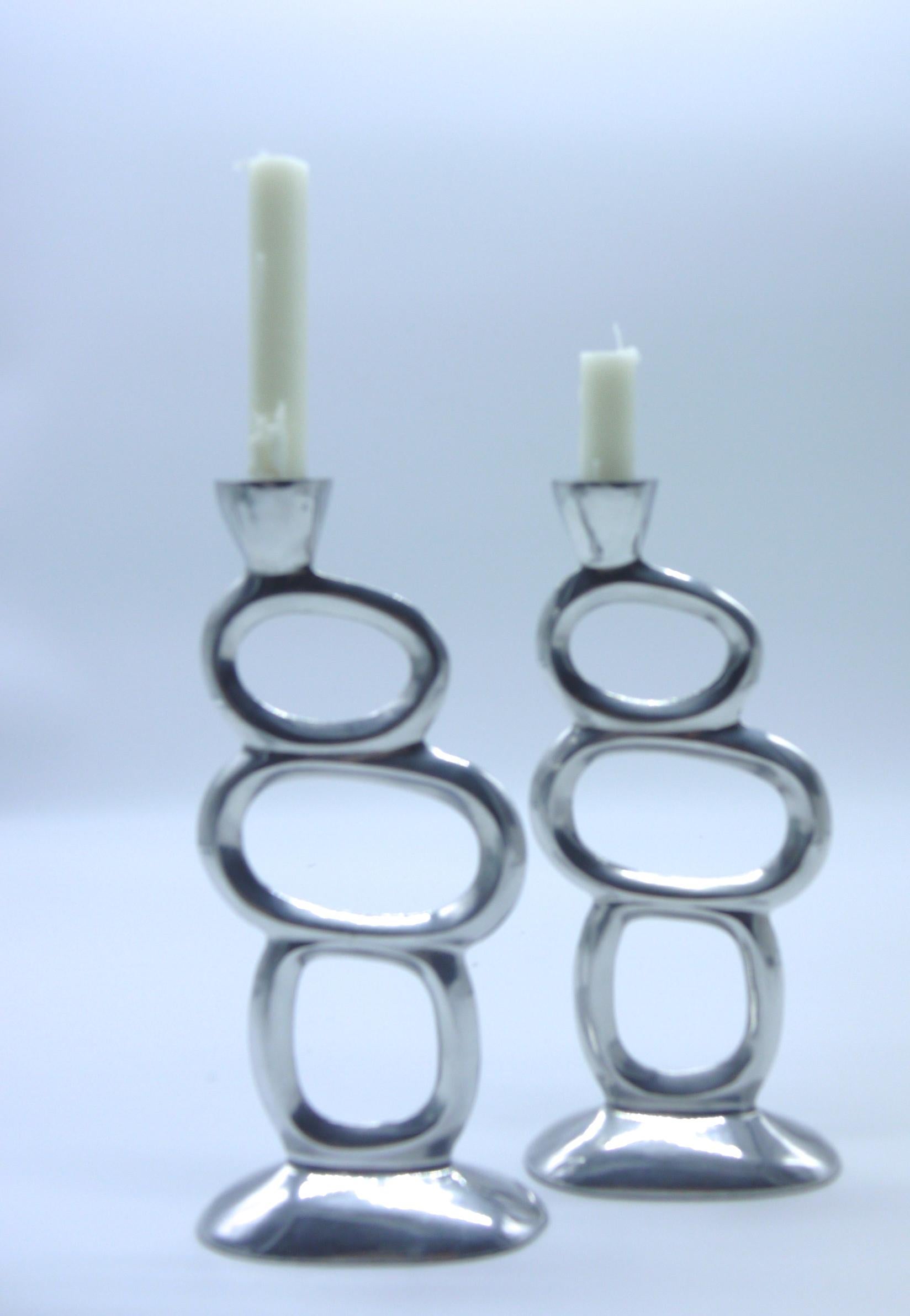 Unknown Pair of Mid-Century Modern Inspired Candlesticks Moulded Metal Steel 1960s Style For Sale