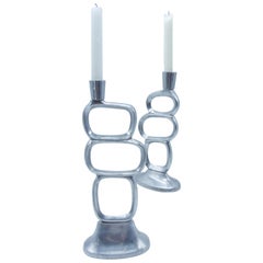 Vintage Pair of Mid-Century Modern Inspired Candlesticks Moulded Metal Steel 1960s Style