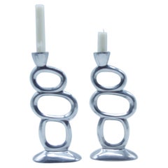 Vintage Pair of Mid-Century Modern Inspired Candlesticks Moulded Metal Steel 1960s Style