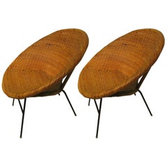Pair of Mid-Century Modern Iron and Rattan Hoop Lounge Chairs