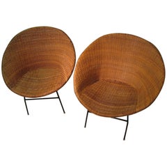 Pair of Mid-Century Modern Iron and Rattan Hoop Lounge Chairs
