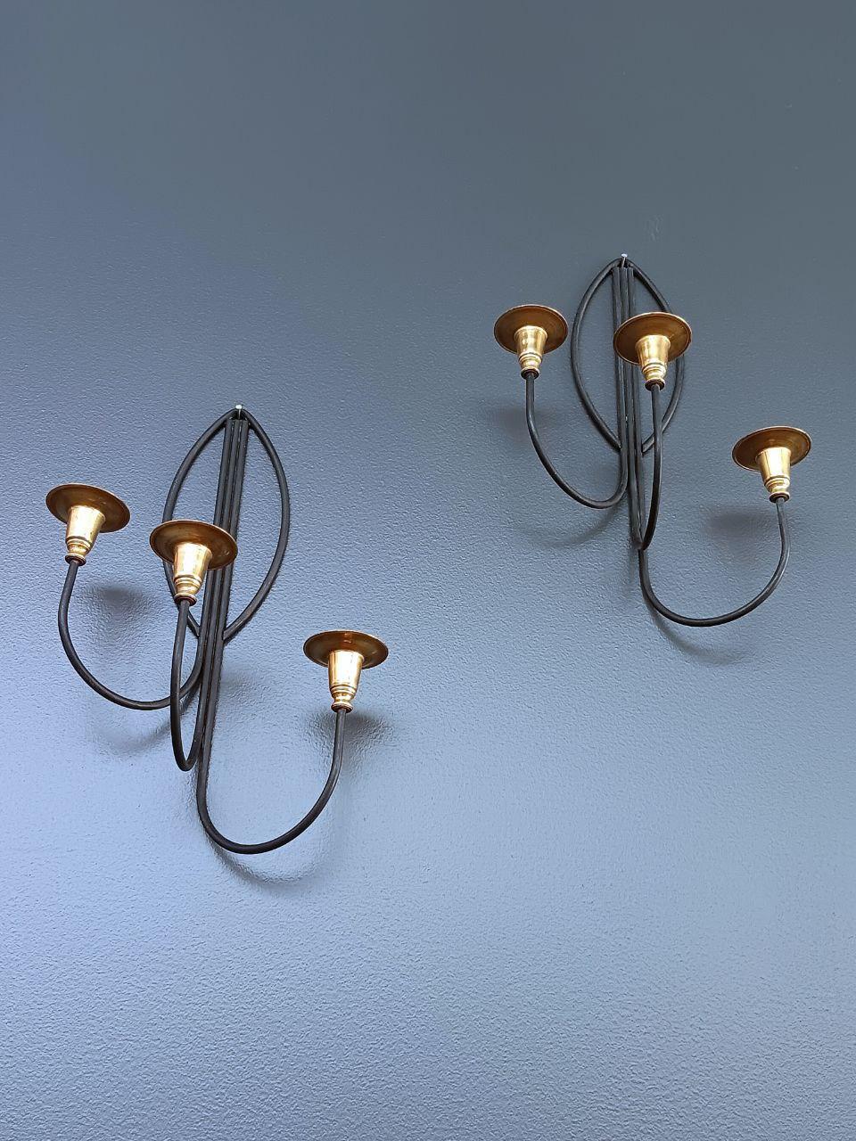 American Pair of Mid-Century Modern Iron & Brass Candle Wall Sconces For Sale