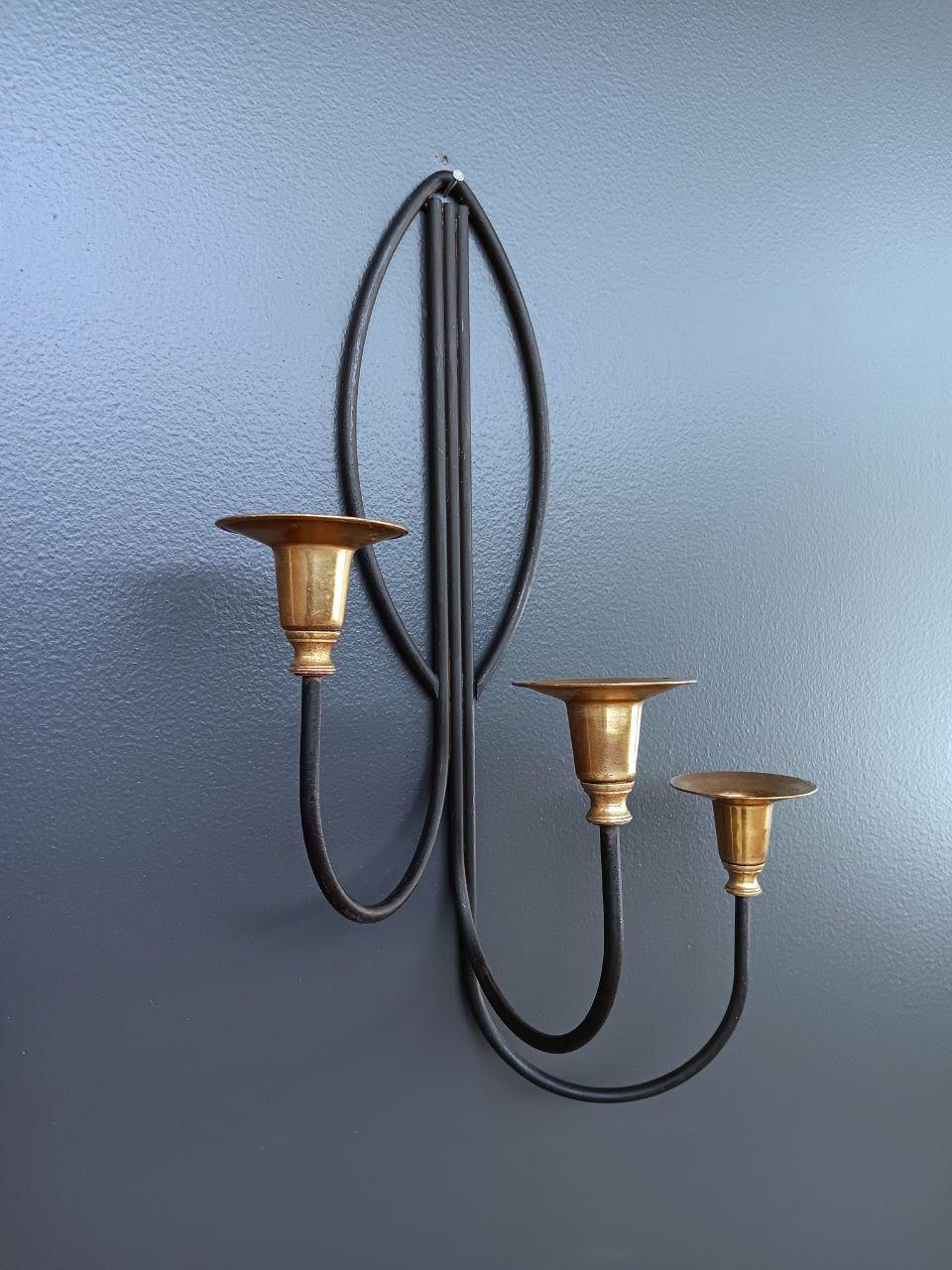 Mid-20th Century Pair of Mid-Century Modern Iron & Brass Candle Wall Sconces For Sale