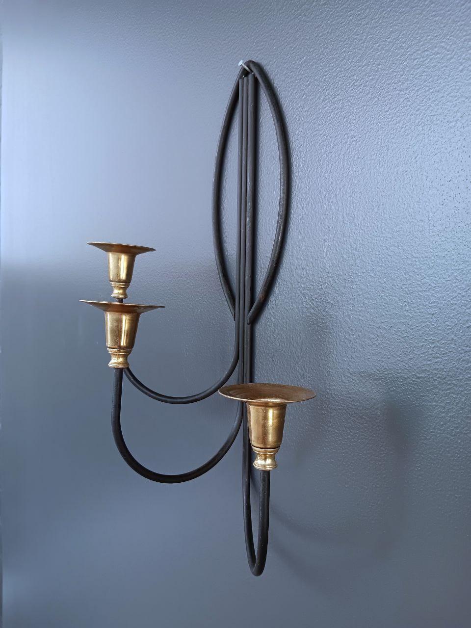 Pair of Mid-Century Modern Iron & Brass Candle Wall Sconces For Sale 1