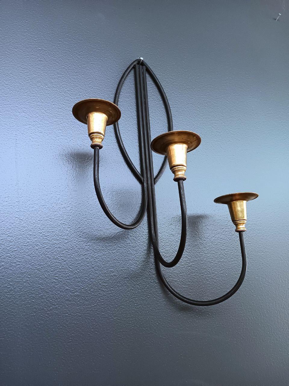 Pair of Mid-Century Modern Iron & Brass Candle Wall Sconces For Sale 2