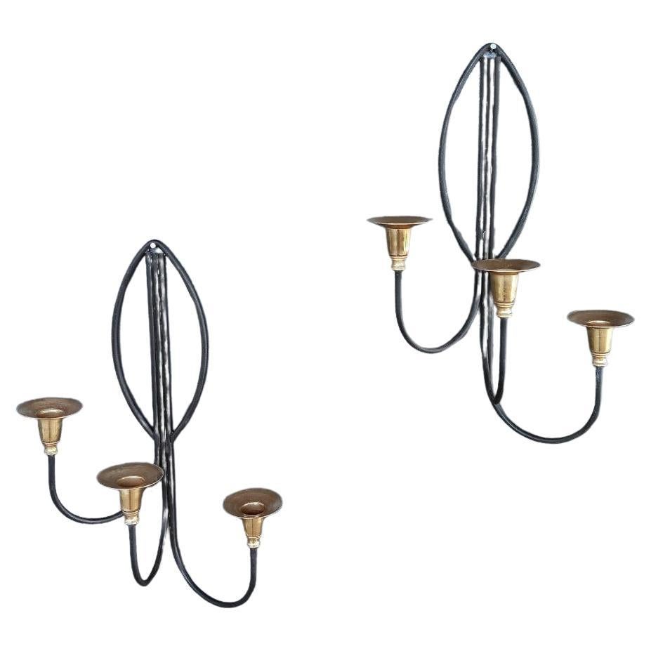 Pair of Mid-Century Modern Iron & Brass Candle Wall Sconces For Sale