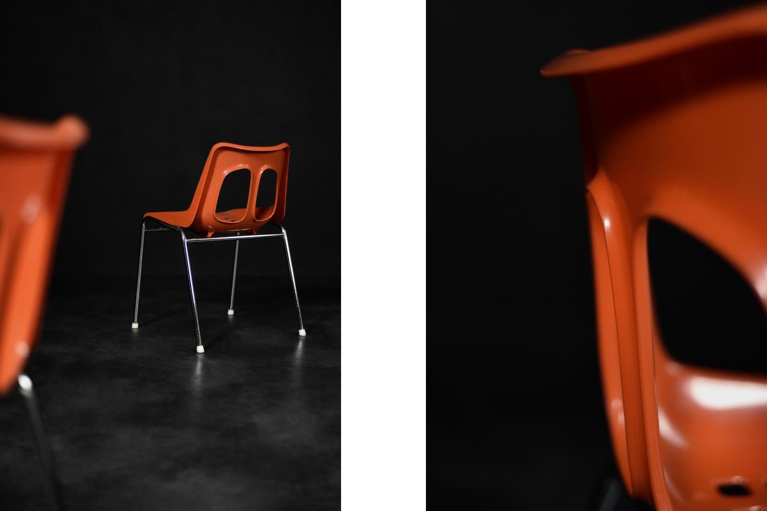Paire de chaises israéliennes modernes du milieu du siècle dernier en plastique orange et chrome de Plasson en vente 3