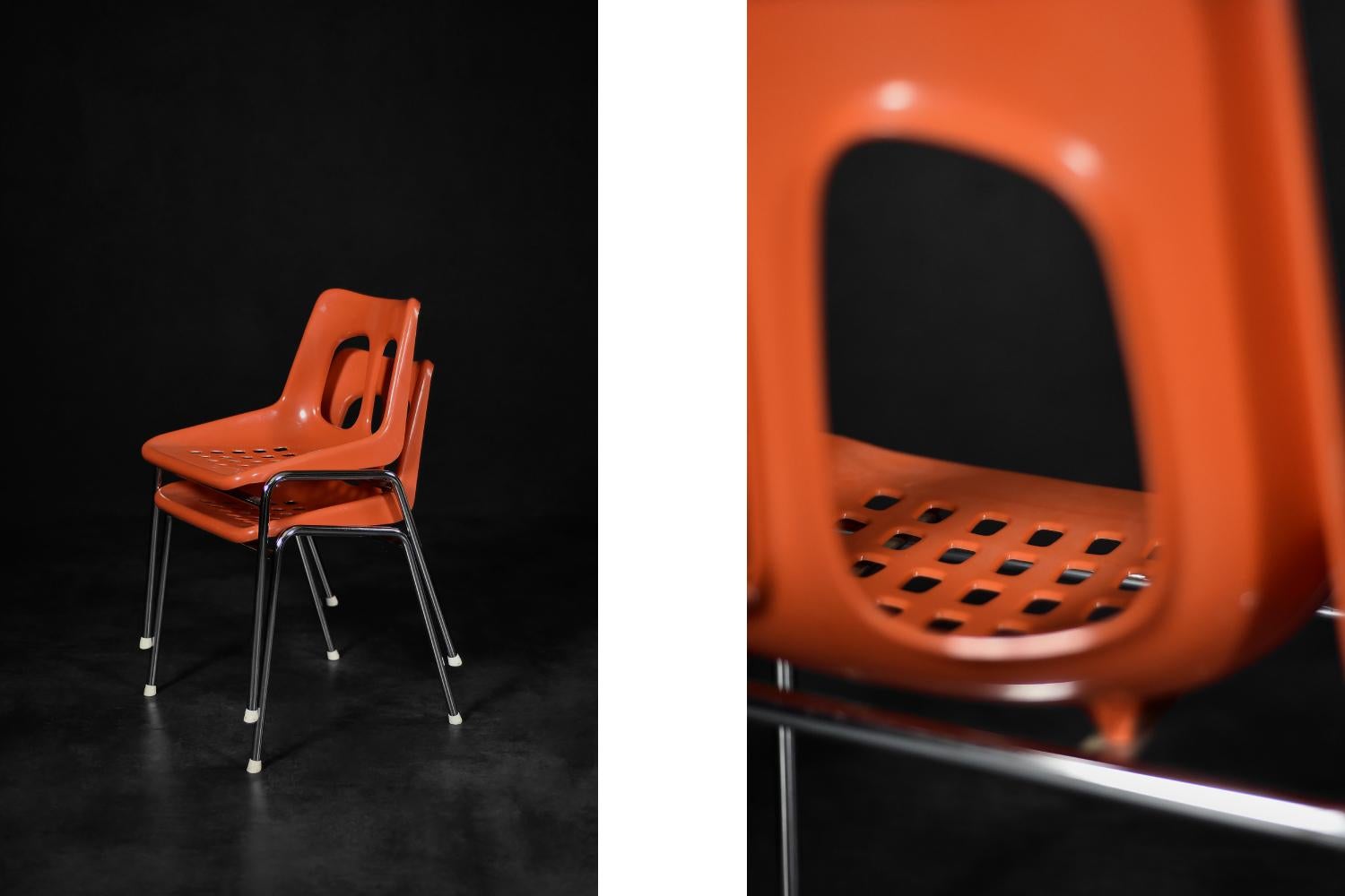 Paire de chaises israéliennes modernes du milieu du siècle dernier en plastique orange et chrome de Plasson Bon état - En vente à Warszawa, Mazowieckie