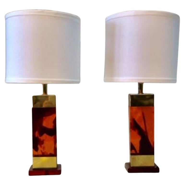 Pair of Mid-Century Modern Italian Amber Lucite and Brass Table Lamps