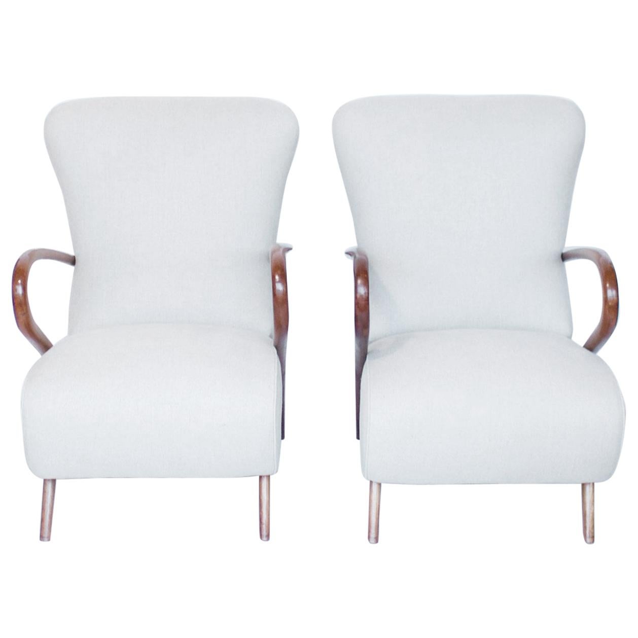 Pair of Mid-Century Modern Italian Armchairs Solid Walnut and Linen