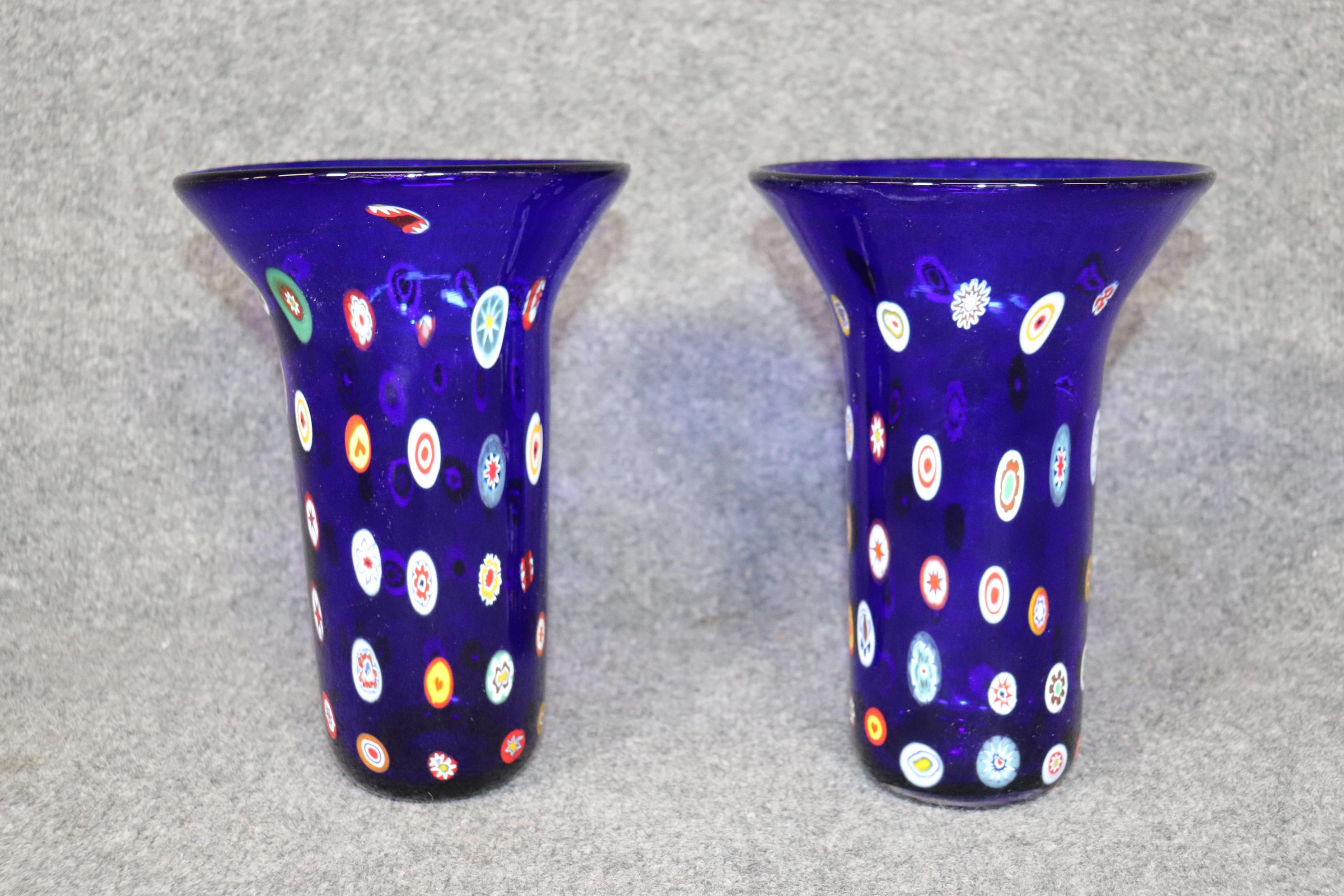 Fired Pair of Mid-Century Modern Italian Art Glass Murano Multi Colored Blue Vases For Sale