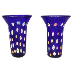 Pair of Mid-Century Modern Italian Art Glass Murano Multi Colored Blue Vases