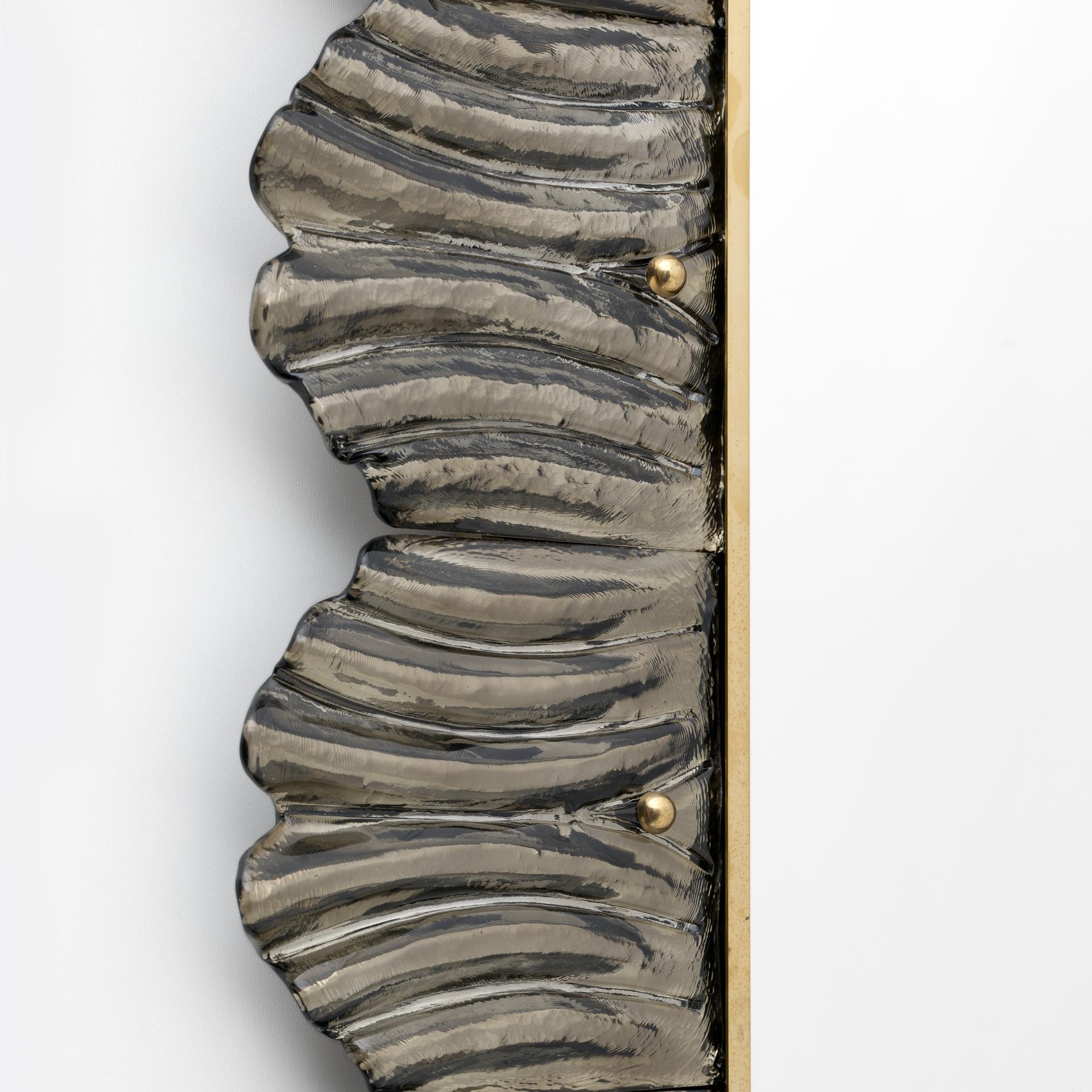 Pair of Mid Century Modern Italian Brass and Leaf Murano Glass Wall Mirrors For Sale 1