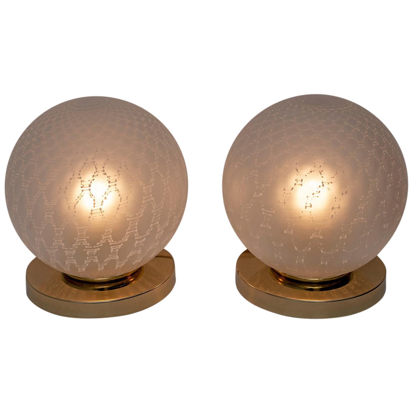 Pair of Mid-Century Modern Italian Brass and Murano Glass Ball Table Lamps, 70s