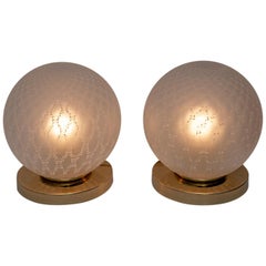 Vintage Pair of Mid-Century Modern Italian Brass and Murano Glass Ball Table Lamps, 70s