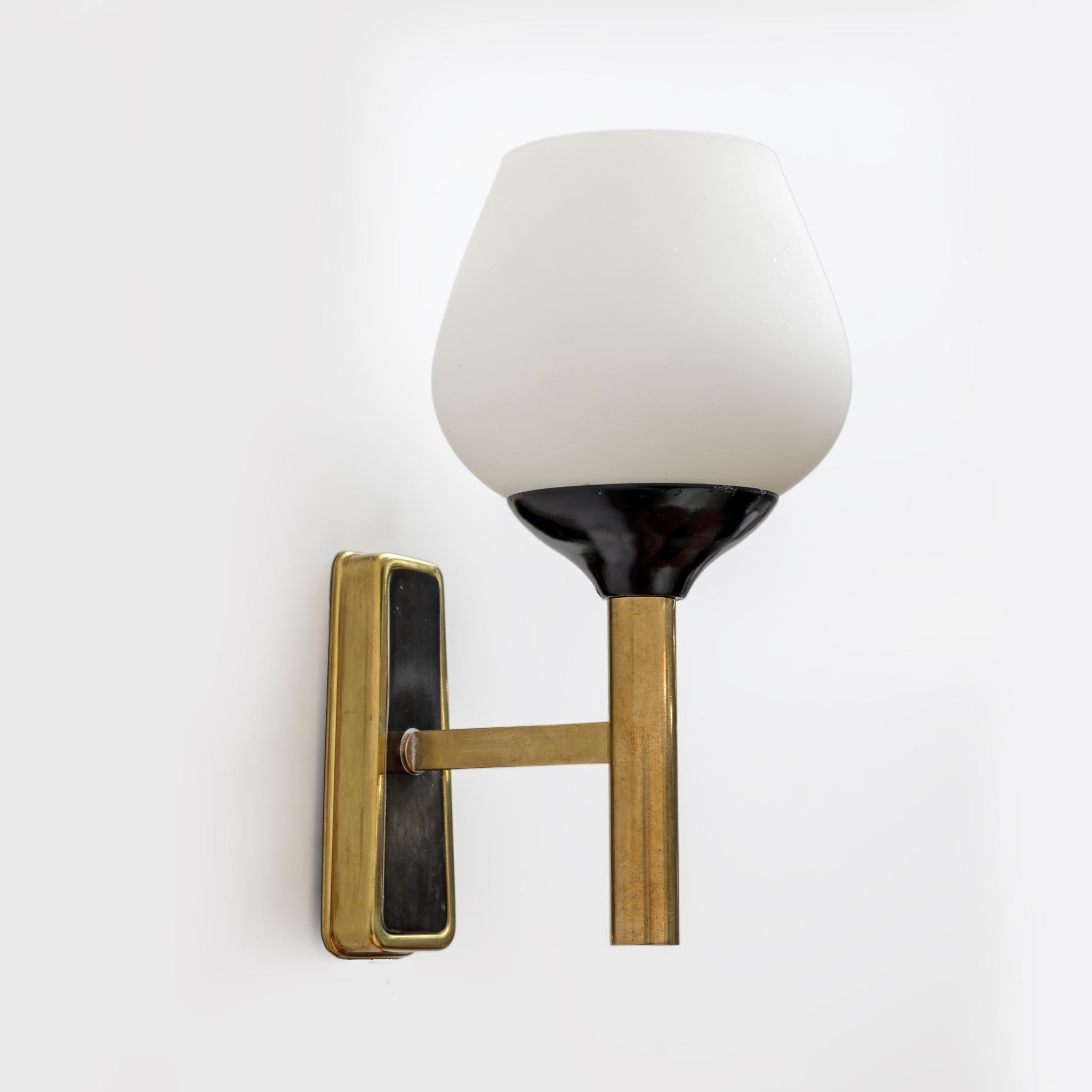 Pair of Mid-century Modern Italian Brass and Opaline Murano Glass Sconces, 1950s For Sale 3