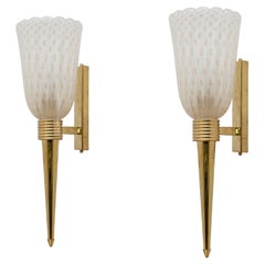 Paar moderne italienische Messing- und Murano-Glas-Leuchter aus der Mitte des Jahrhunderts