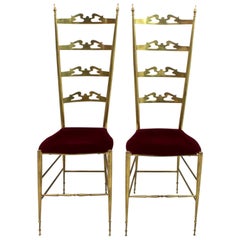 Pair of Mid-Century Modern Italian Brass High Back Chiavari Chairs, 1950s