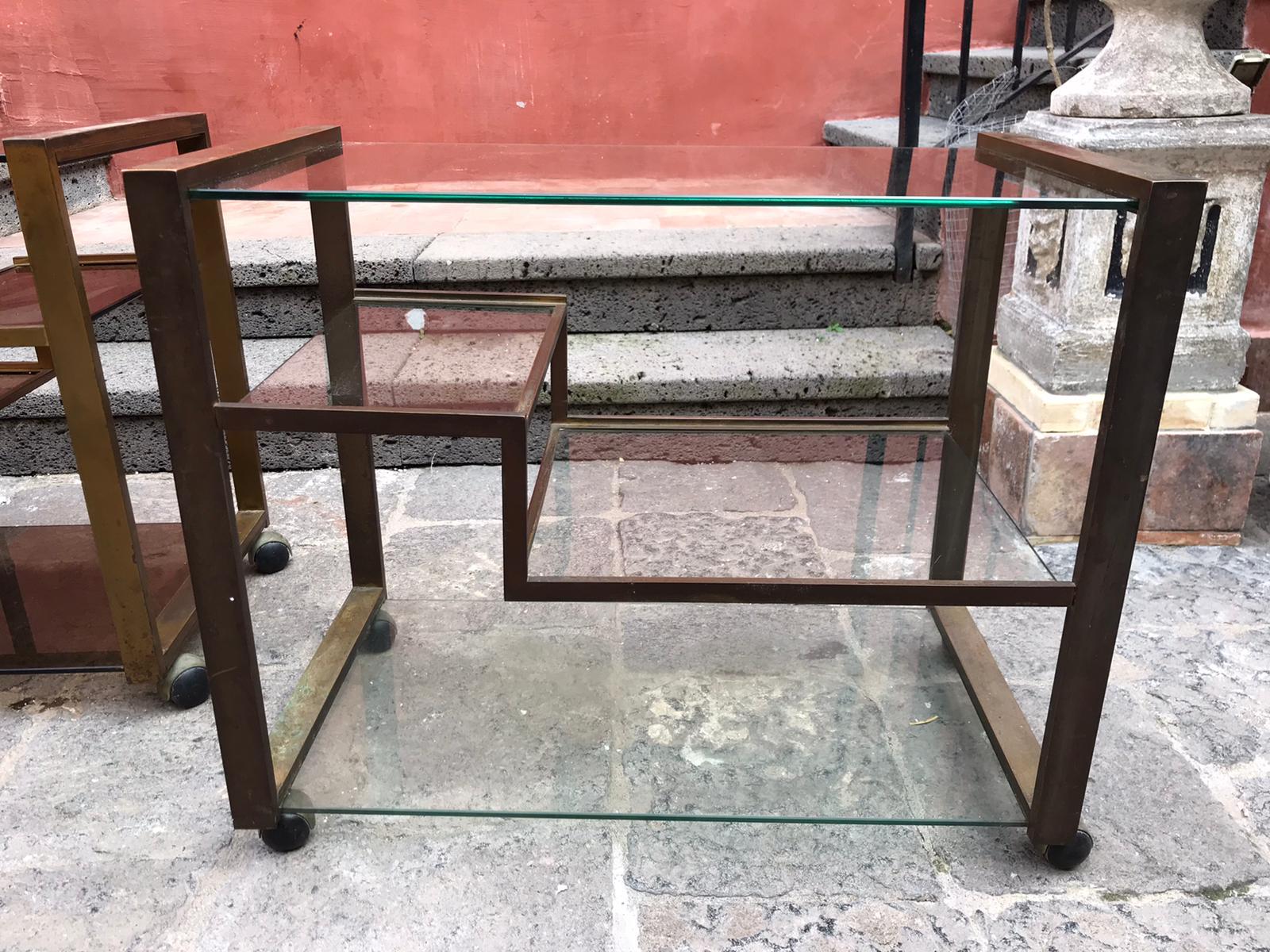 Etched Pair of Mid-Century Modern Italian Bronze Bar Cart/Étagères For Sale