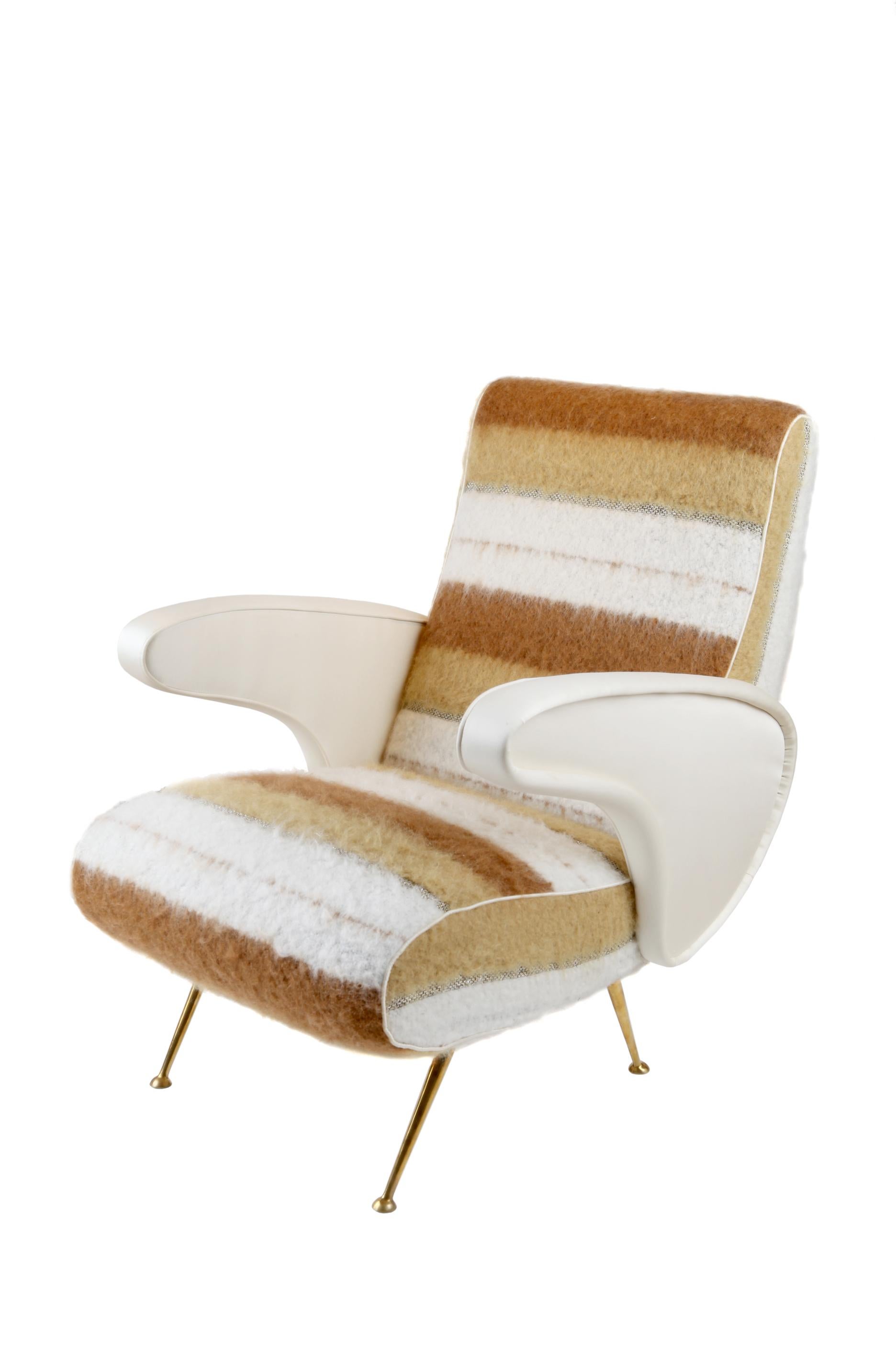 Pair of Italian, Mid-Century Modern armchairs reupholstered in Dedar Oz fabric. A barre stripe in two colours alternated with a flat gold and silver yarn. The special combed finishing process gives a soft and plush feel.

All of our chairs are