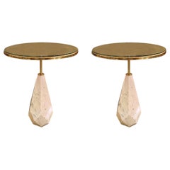 Pair of Mid-Century Modern Italian Coffee Tables in White Carrara Marble & Brass