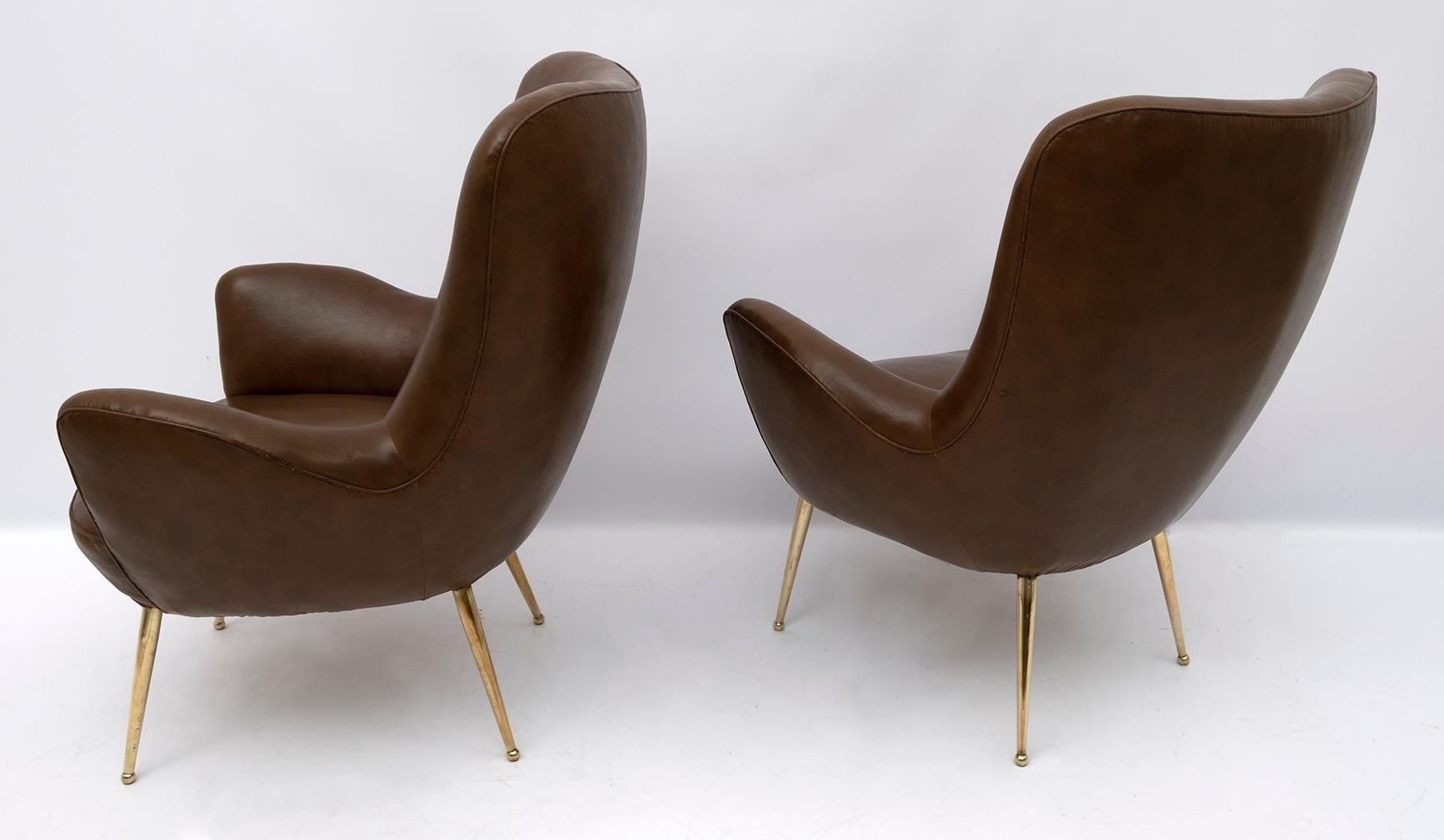 Brass Pair of Mid-century Modern Italian Design Armchairs, 1950s For Sale