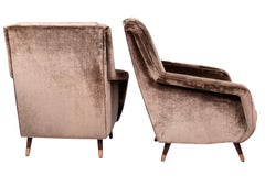 Pair of Mid-Century Modern Italian Gio Ponti Style Velvet Covered Lounge Chairs