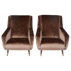 Pair of Mid-Century Modern Italian Gio Ponti Style Velvet Covered Lounge Chairs