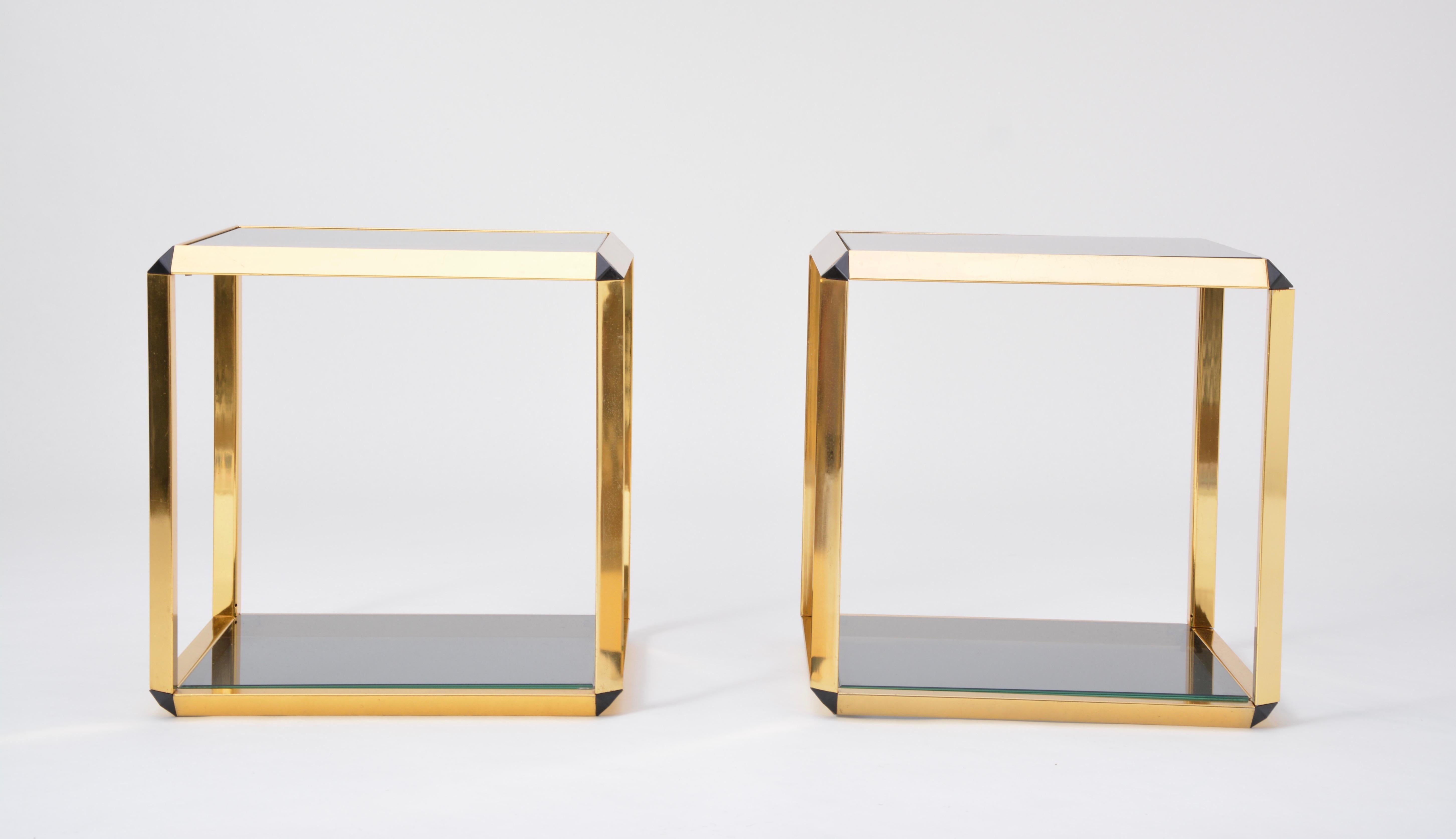 Gilt Pair of Mid-Century Modern Italian Gold-Rimmed Metal and Glass Side Tables
