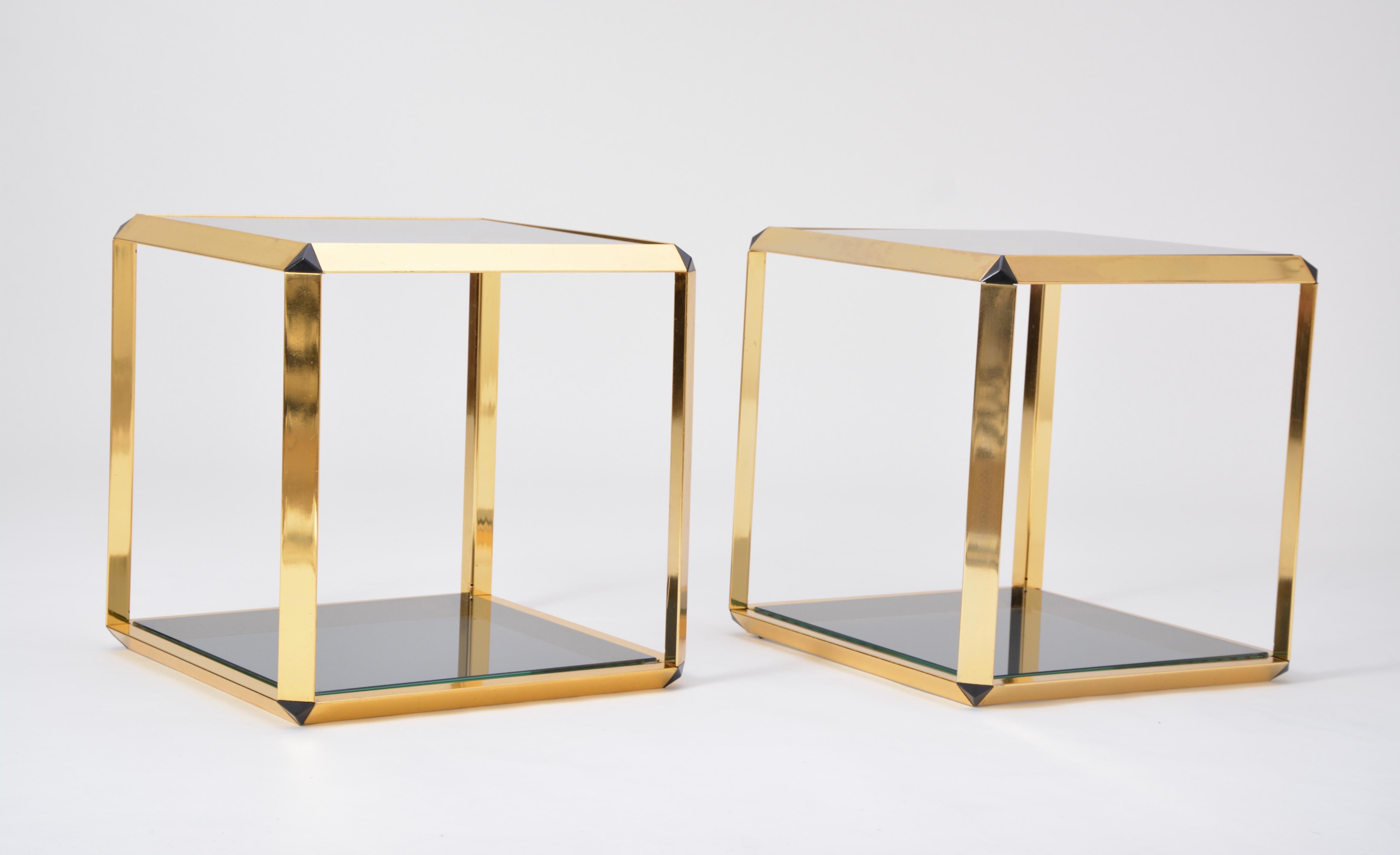 Late 20th Century Pair of Mid-Century Modern Italian Gold-Rimmed Metal and Glass Side Tables