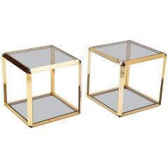 Vintage Pair of Mid-Century Modern Italian Gold-Rimmed Metal and Glass Side Tables