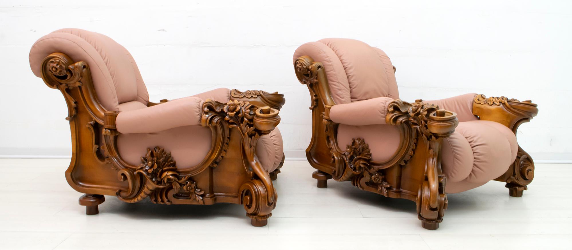 Art Nouveau Pair of Mid-Century Modern Italian Liberty Style Leather Armchairs, 1950s For Sale