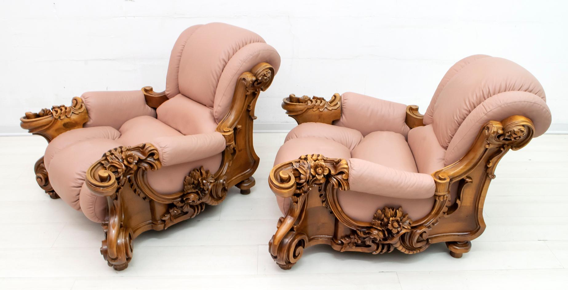 Mid-20th Century Pair of Mid-Century Modern Italian Liberty Style Leather Armchairs, 1950s For Sale