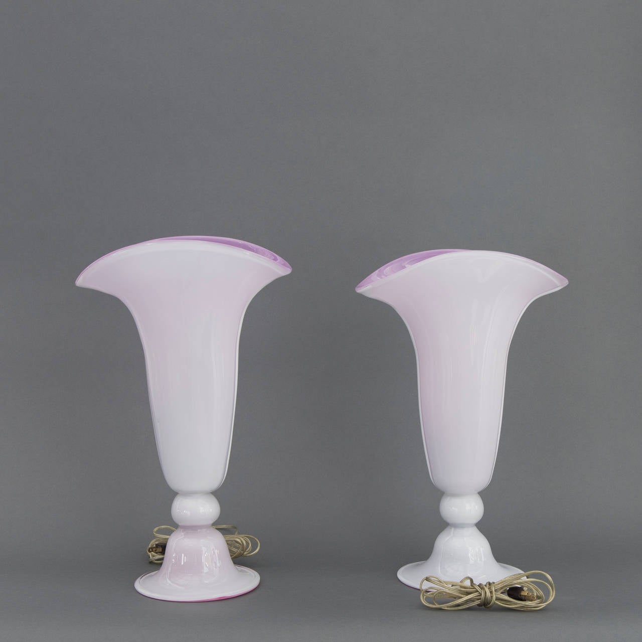 Mid-Century Modern Pink Exterior & Violet Interior Murano Blown Glass Floral Form Table Lamps, Pair For Sale