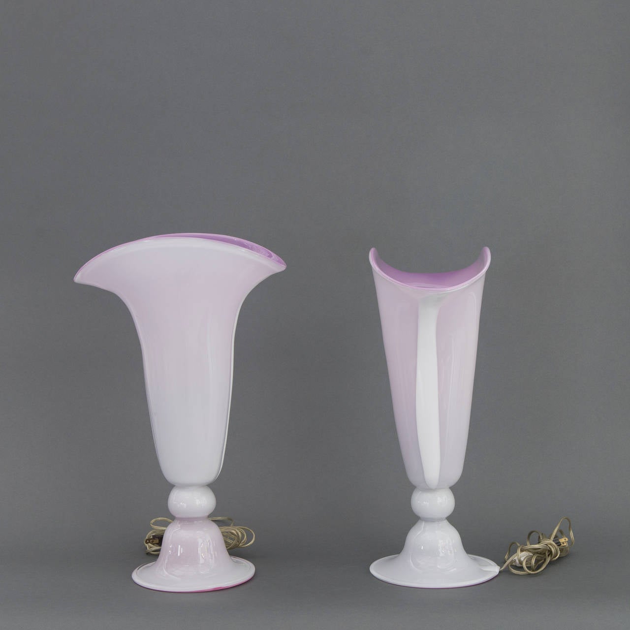 Italian Pink Exterior & Violet Interior Murano Blown Glass Floral Form Table Lamps, Pair For Sale