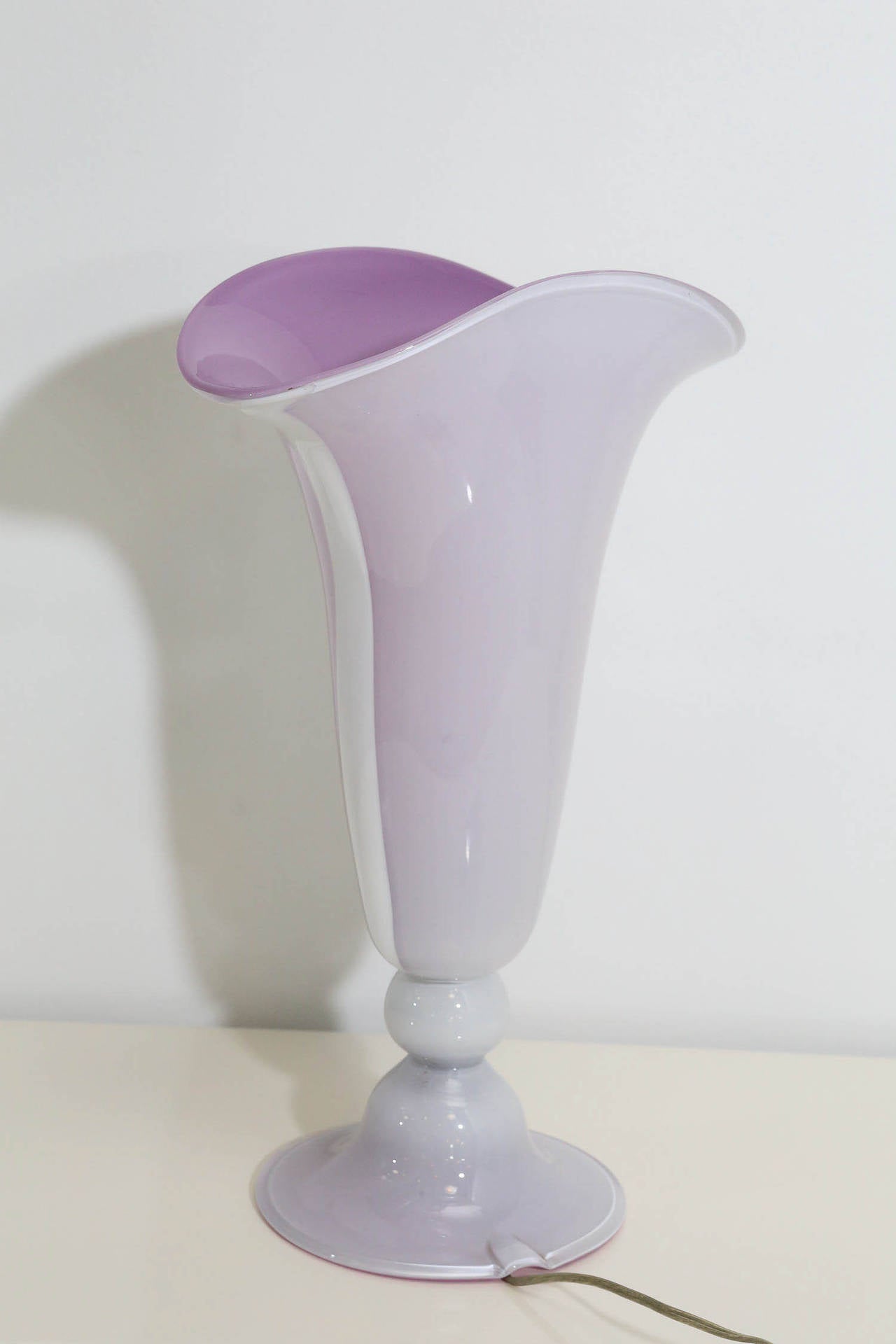 Art Glass Pink Exterior & Violet Interior Murano Blown Glass Floral Form Table Lamps, Pair For Sale