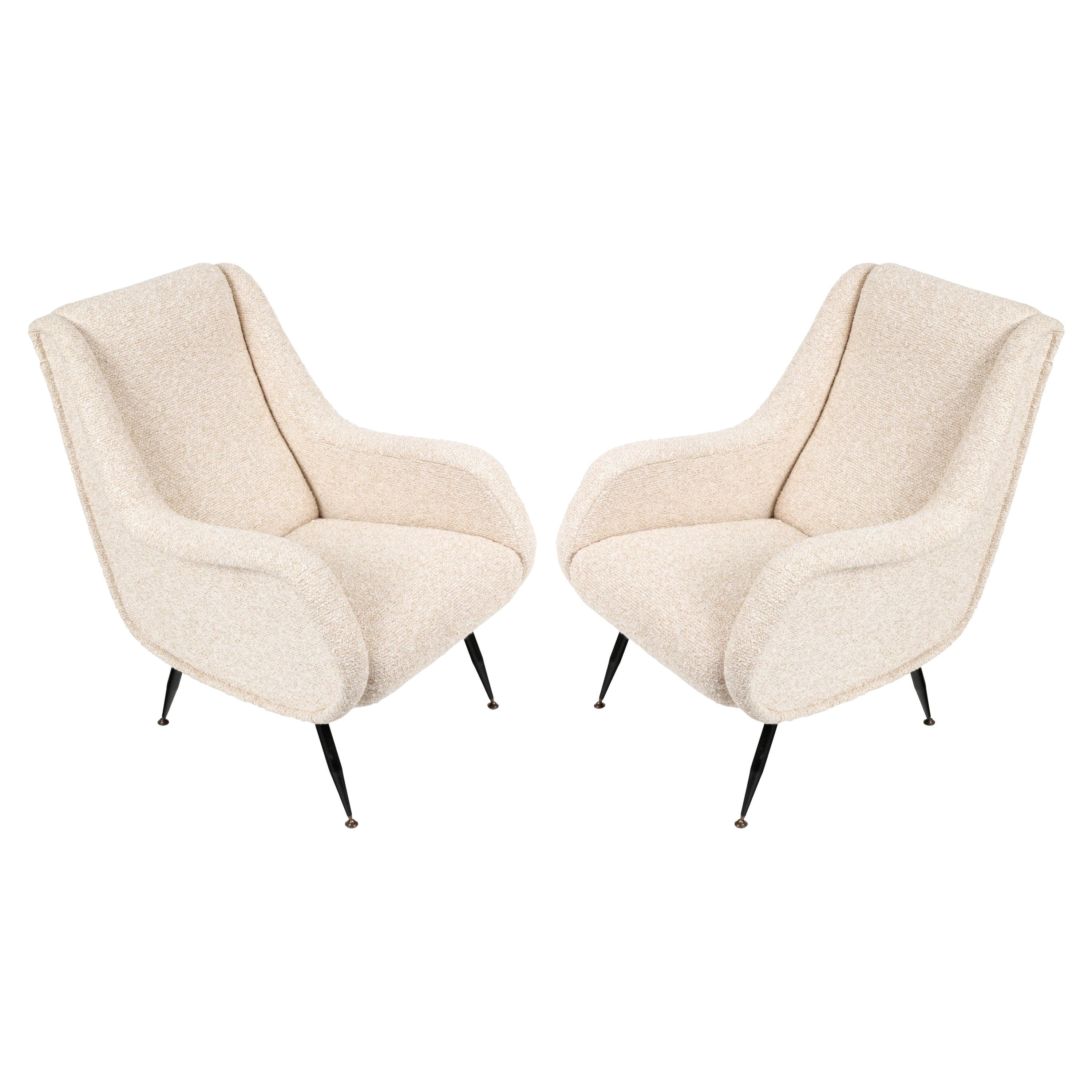 Pair of Mid-Century Modern Italian Lounge Chairs in White Fabric, Italy 1950s