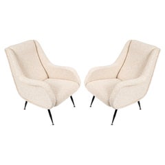 Pair of Mid-Century Modern Italian Lounge Chairs in White Fabric, Italy 1950s