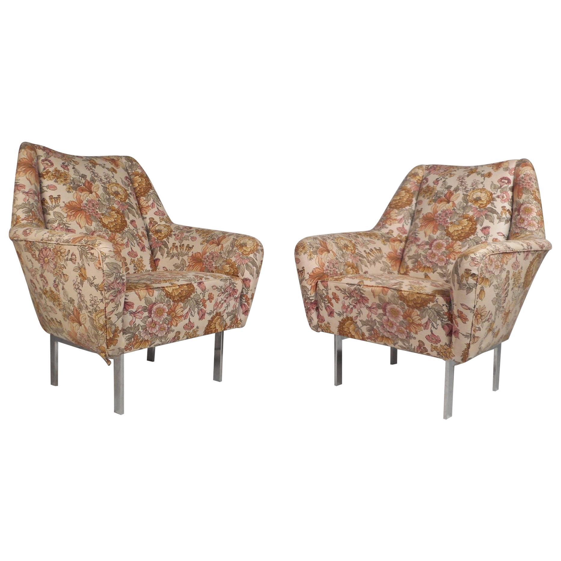 Pair of Mid-Century Modern Italian Lounge Chairs with Chrome Legs For Sale