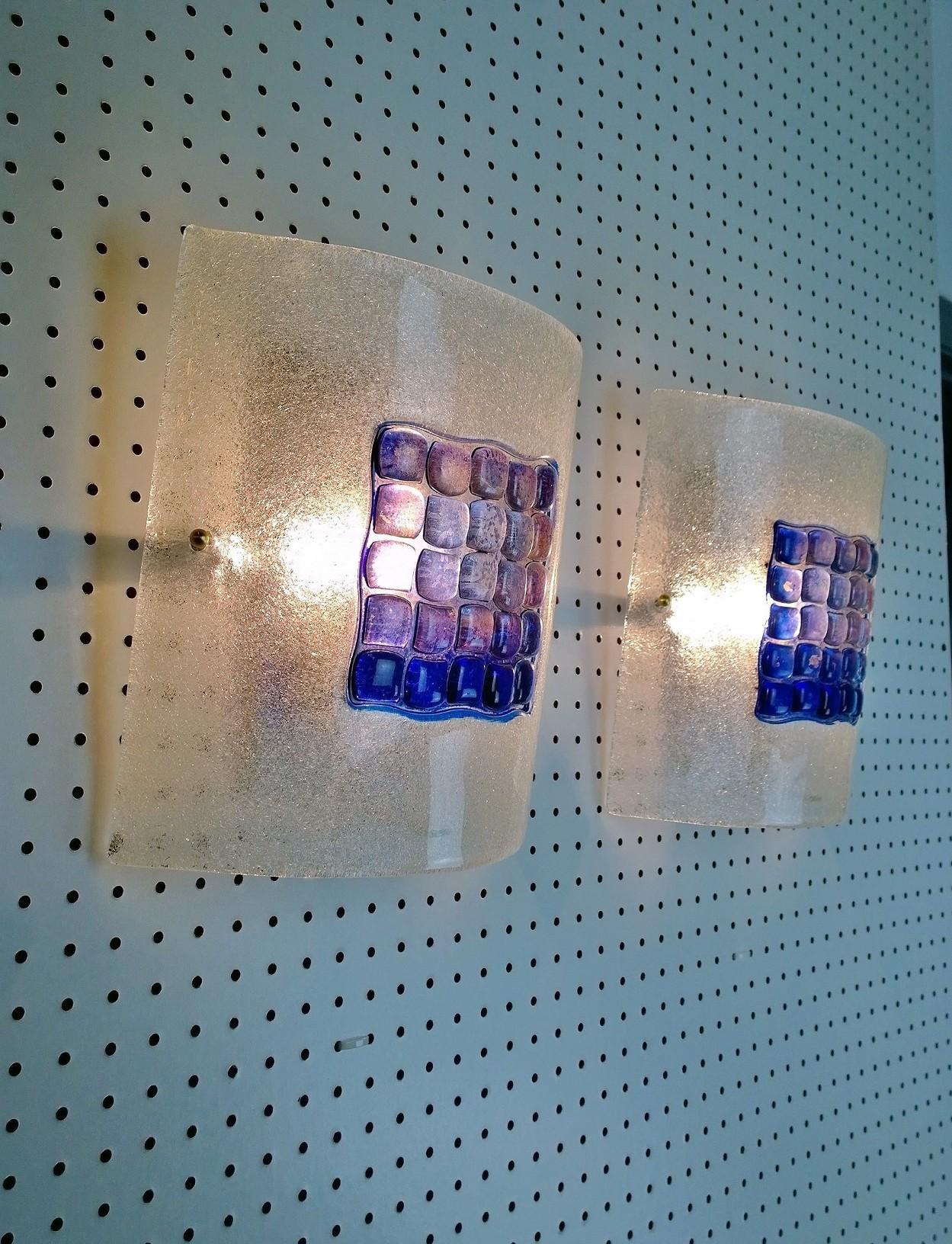 Pair Mazzega Murano Blue Mosaic Tile White Speckled Frosted Glass Square Sconces For Sale 2