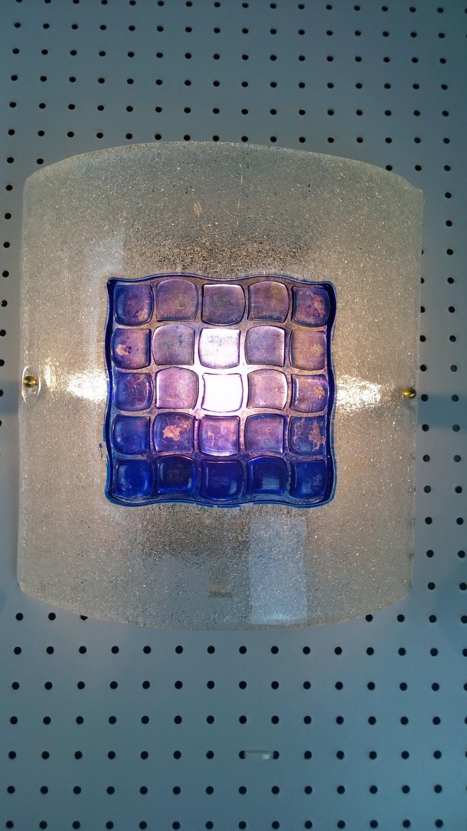 Pair Mazzega Murano Blue Mosaic Tile White Speckled Frosted Glass Square Sconces For Sale 4