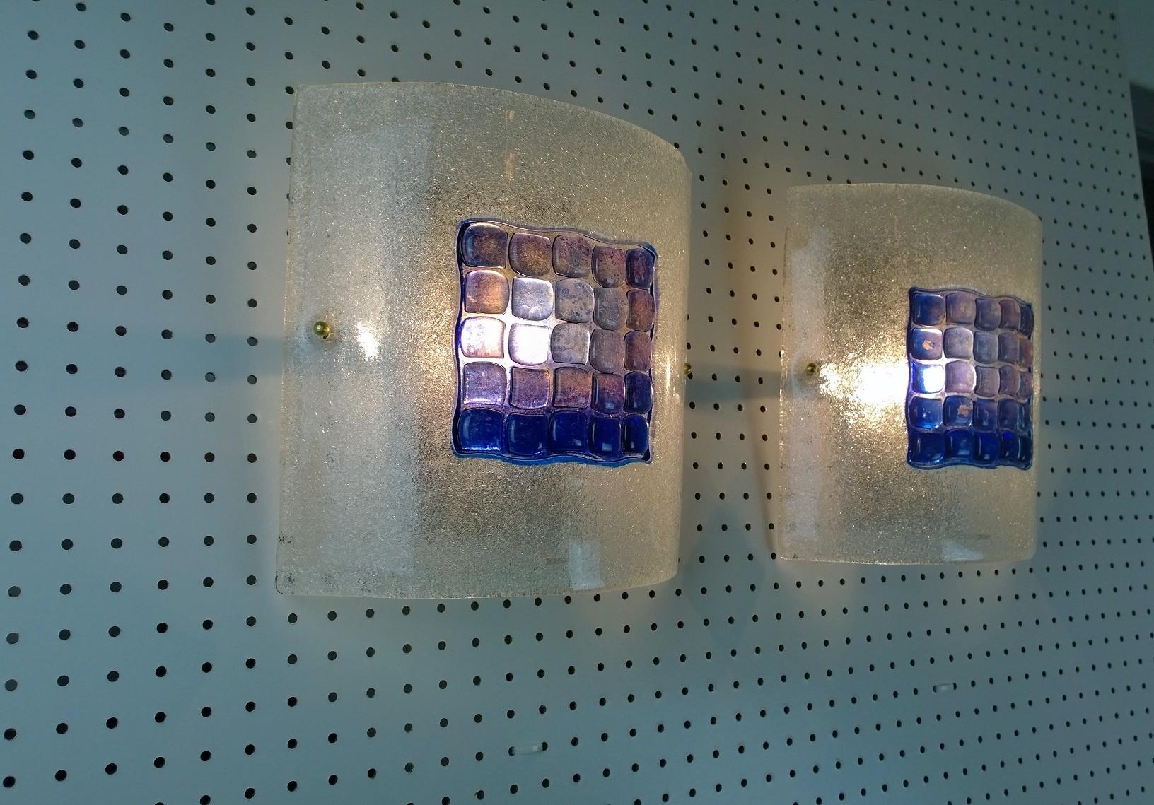 Pair Mazzega Murano Blue Mosaic Tile White Speckled Frosted Glass Square Sconces For Sale 8