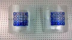 Pair Mazzega Murano Blue Mosaic Tile White Speckled Frosted Glass Square Sconces