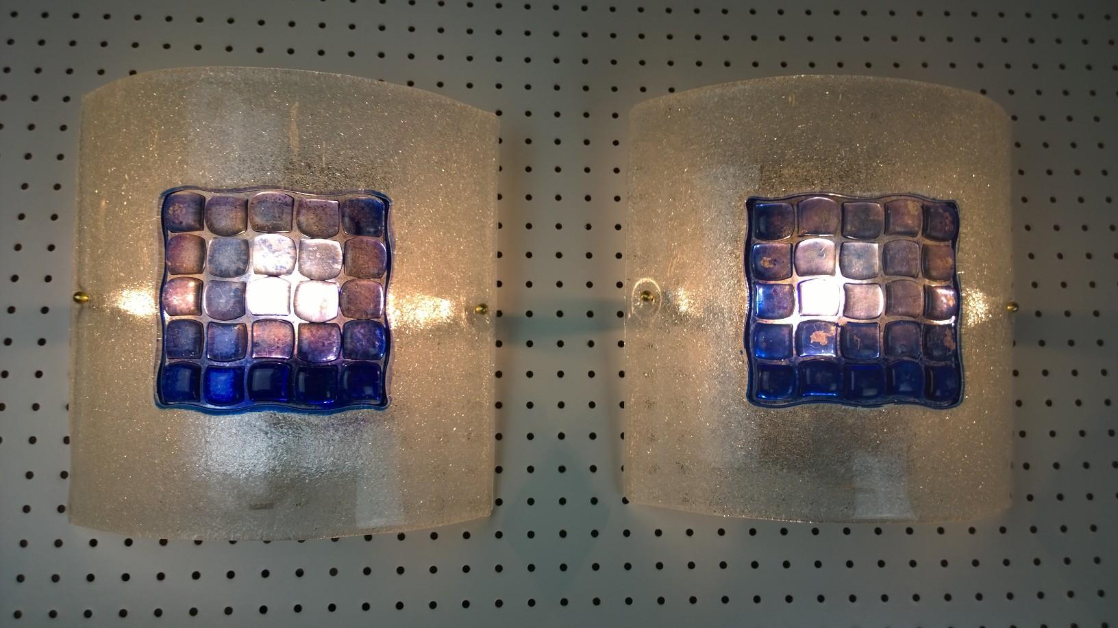Blown Glass Pair Mazzega Murano Blue Mosaic Tile White Speckled Frosted Glass Square Sconces For Sale