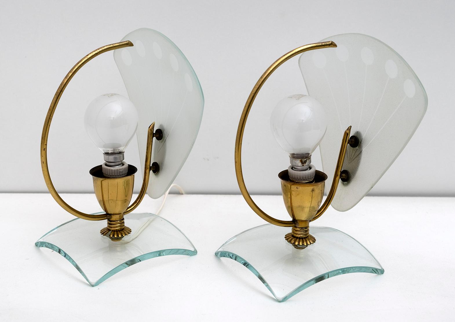 Brass Pair of Mid-Century Modern Italian Murano Bedside Lamps, 1950s