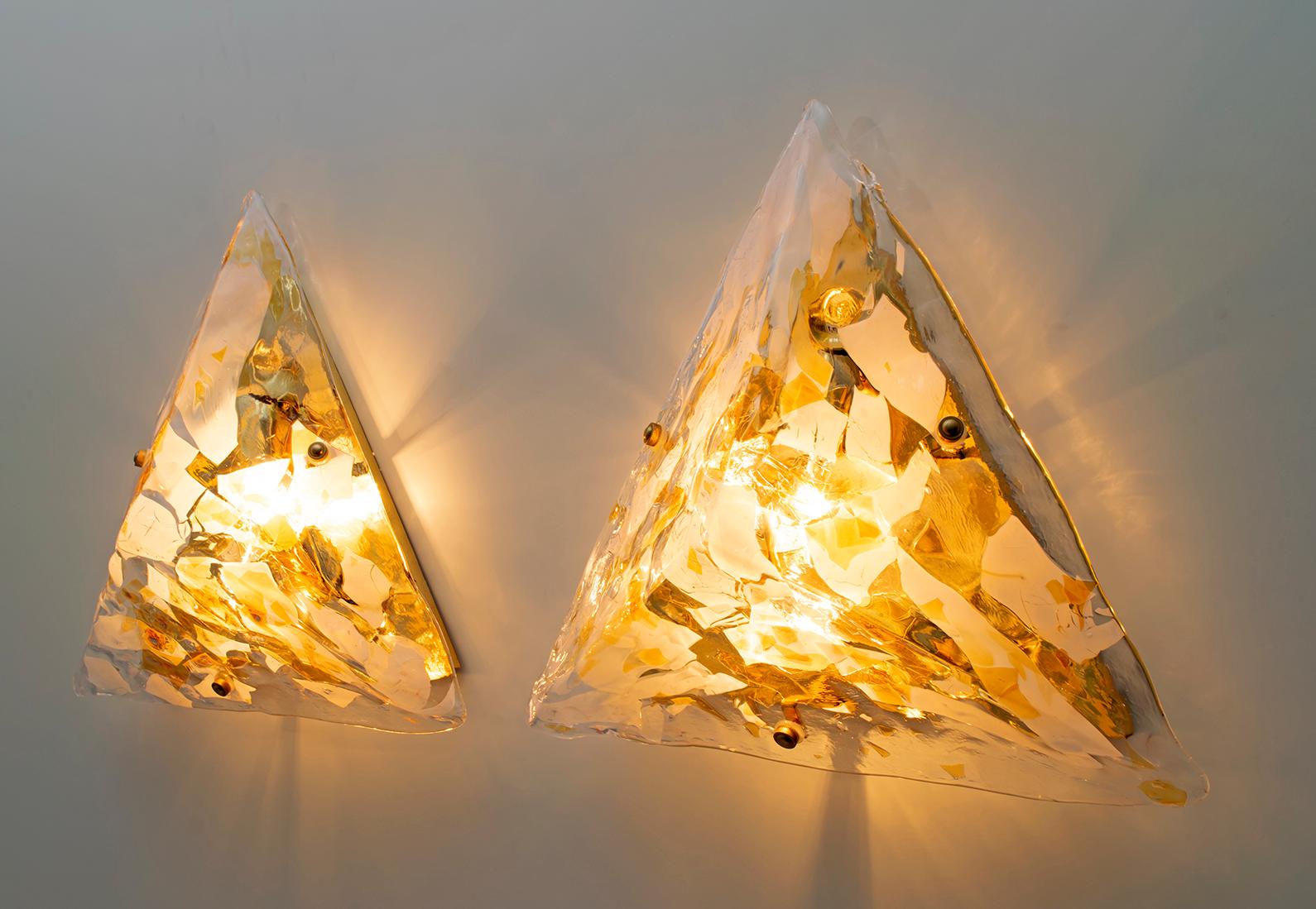Late 20th Century Pair of Mid-Century Modern Italian Murano Glass and Brass Sconces, 1980s For Sale
