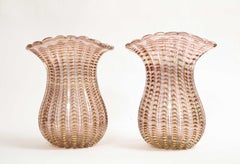 Pair Large Mid-Century Modern Italian Murano Glass Striated Multi-Colored Vases