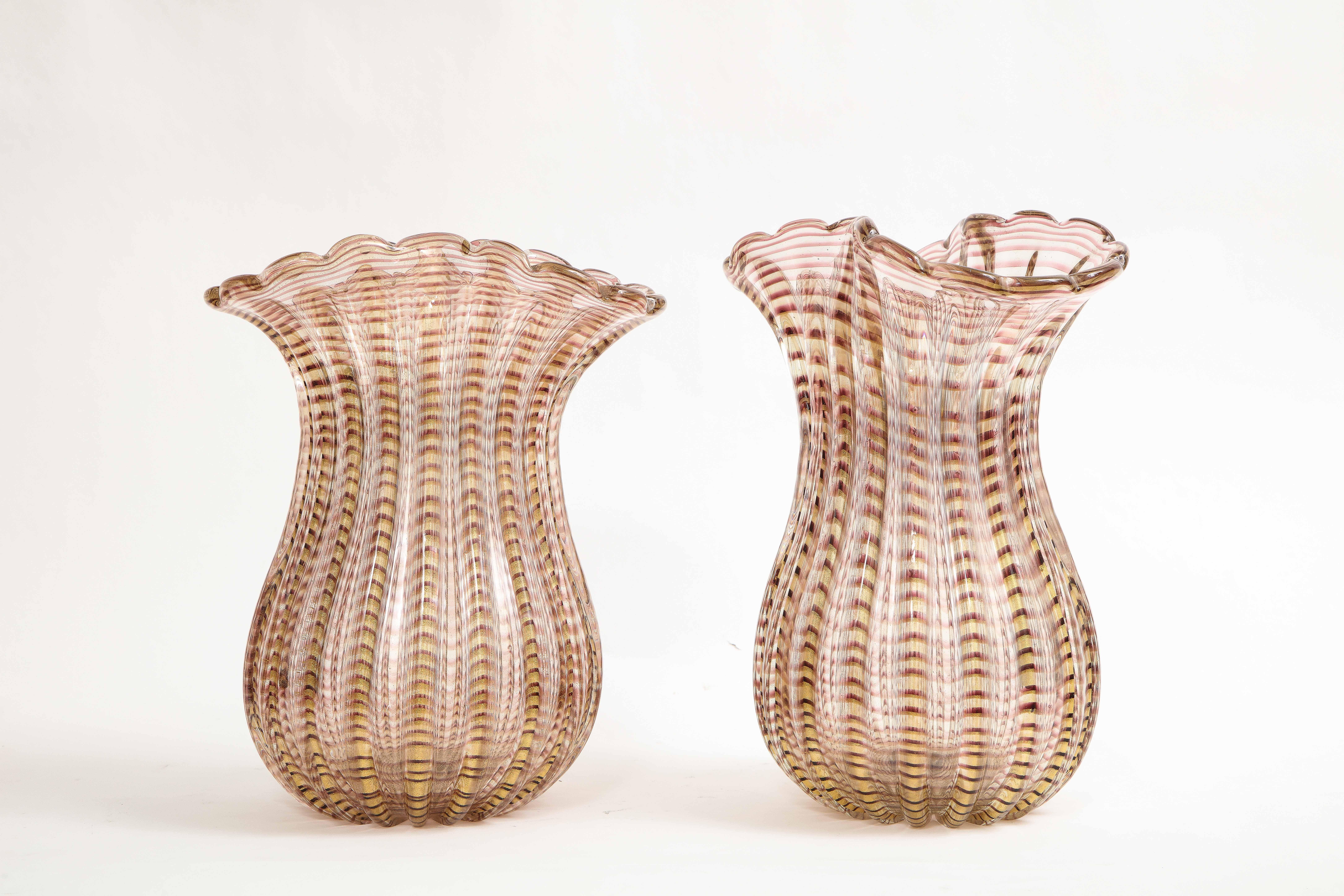 Pair Large Mid-Century Modern Italian Murano Glass Striated Multi-Colored Vases In Good Condition For Sale In New York, NY