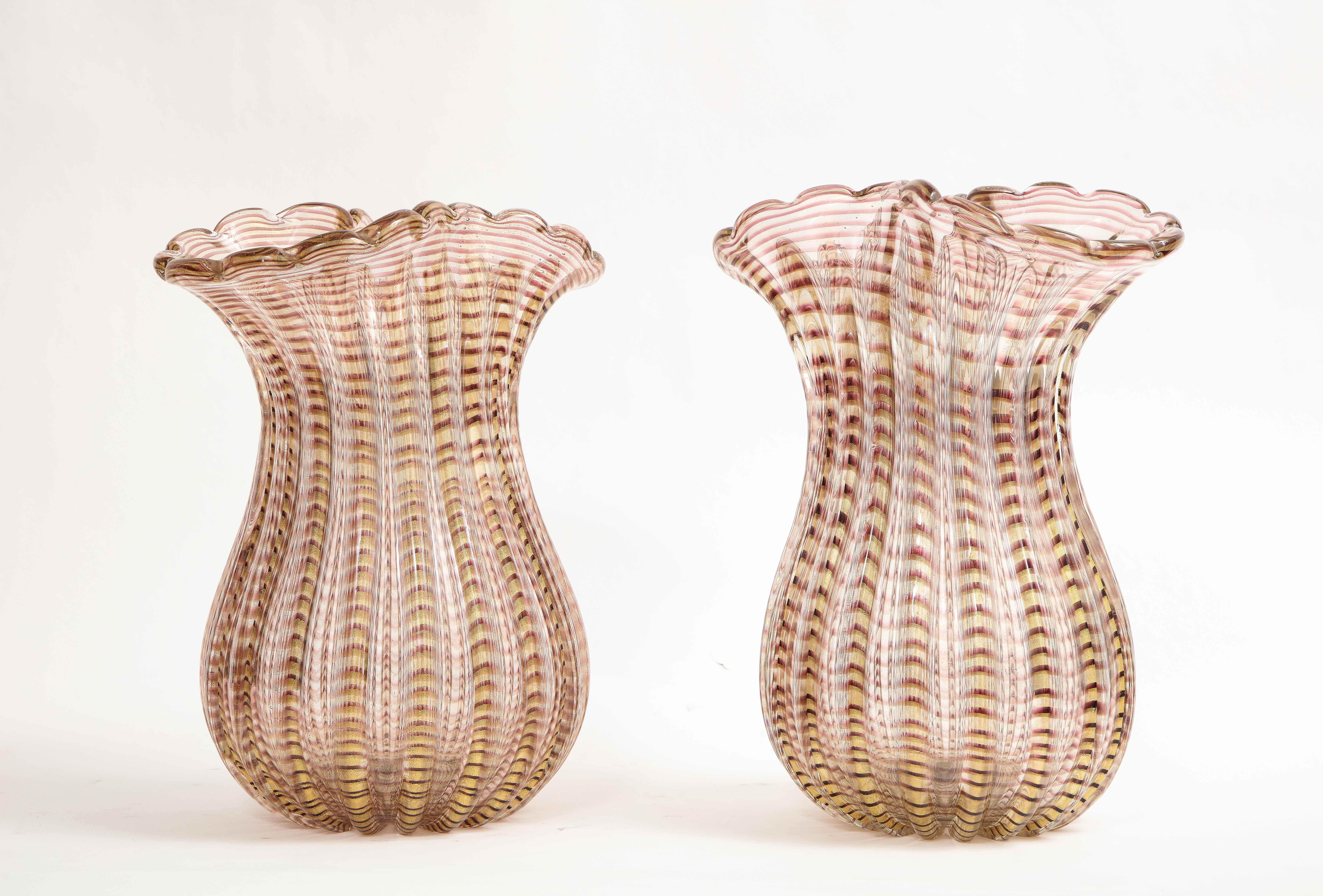 Pair Large Mid-Century Modern Italian Murano Glass Striated Multi-Colored Vases For Sale 1
