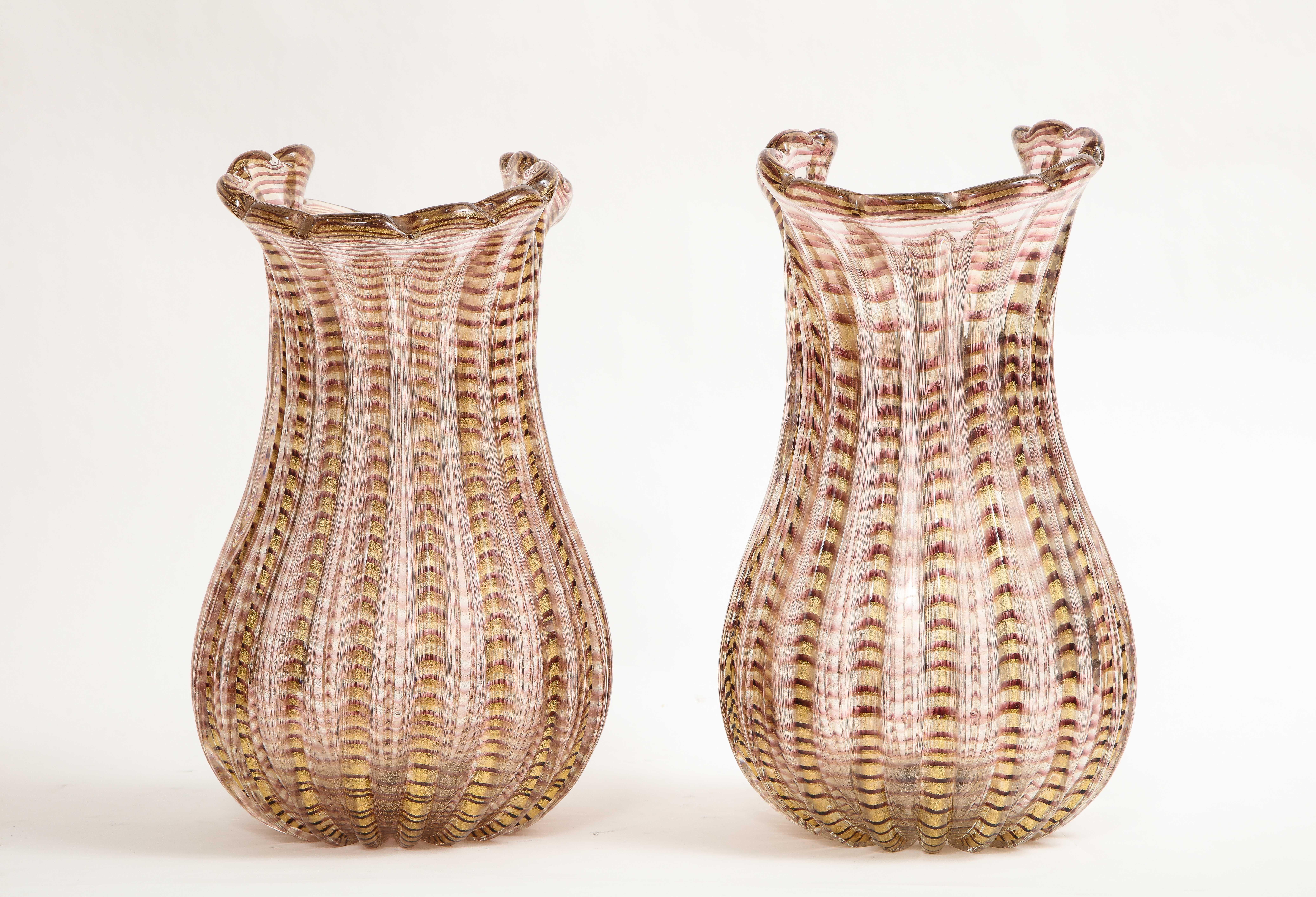 Pair Large Mid-Century Modern Italian Murano Glass Striated Multi-Colored Vases For Sale 2